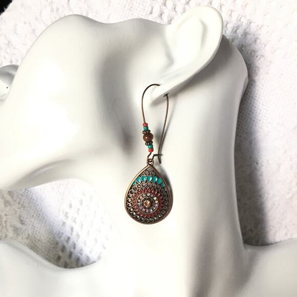 Boho brass tone colorful medallion earrings - Picture 2 of 6
